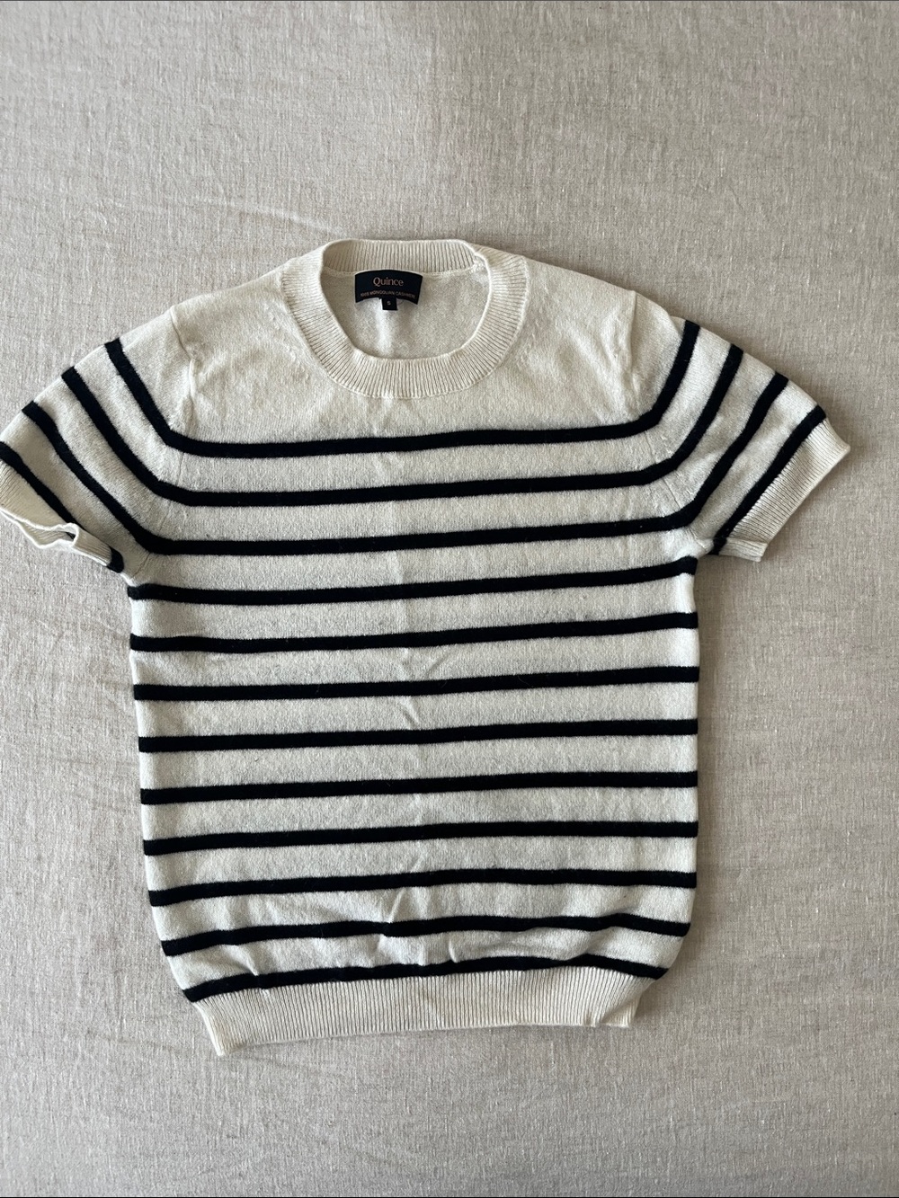 Quince Short-Sleeve Crewneck Sweater in White and Black Stripes